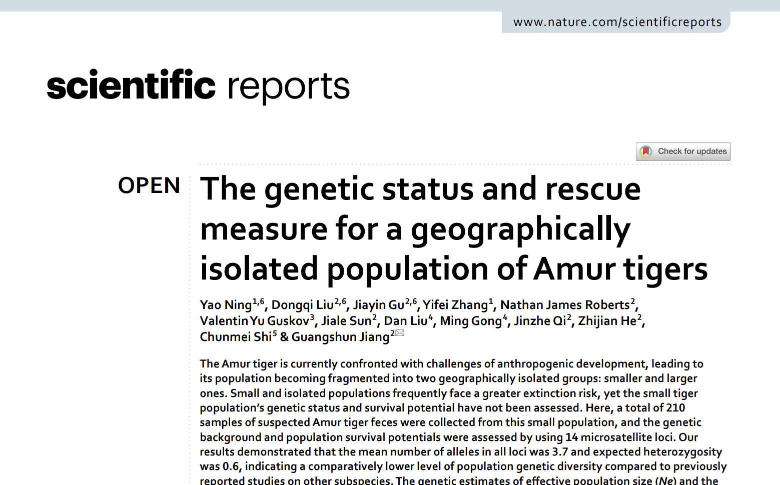 Scientific report The genetic status and rescue measure for a geographically isolated population of Amur tigers