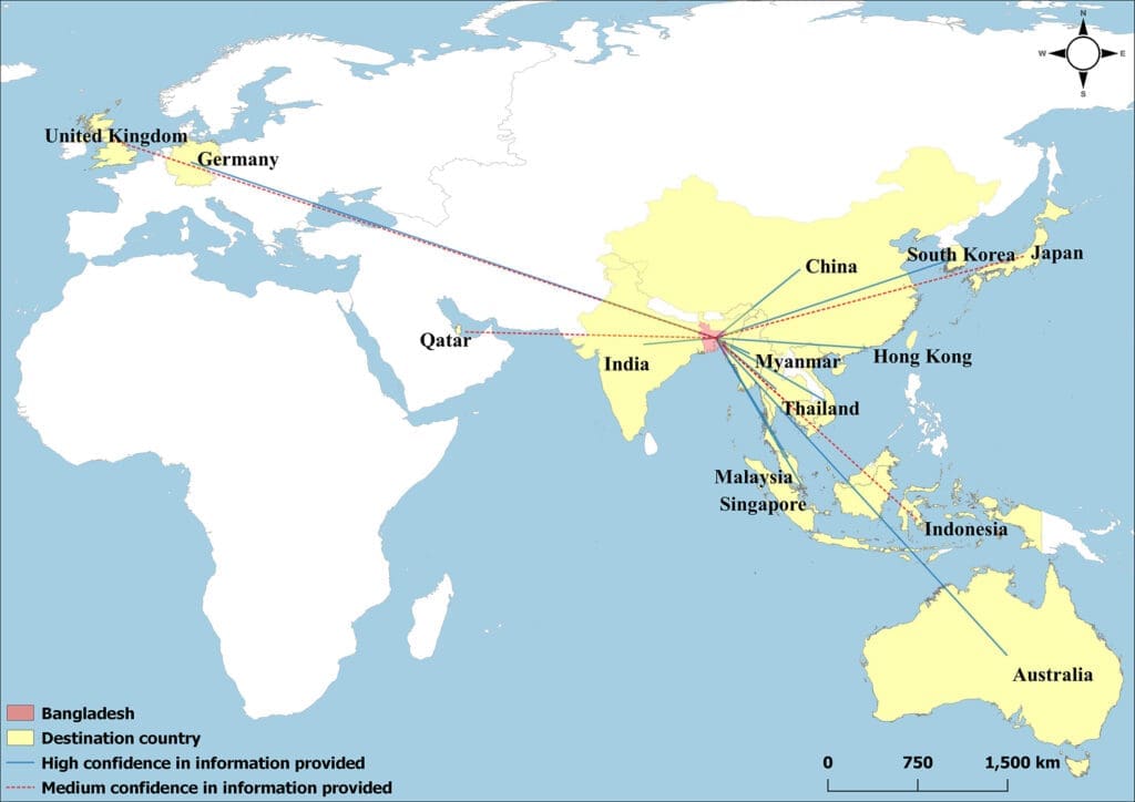 Countries receiving tiger products from/via Bangladesh from 2016 to 2021. Information derived from 163 respondent interviews, 16 media reports, and 1 enforcement records.